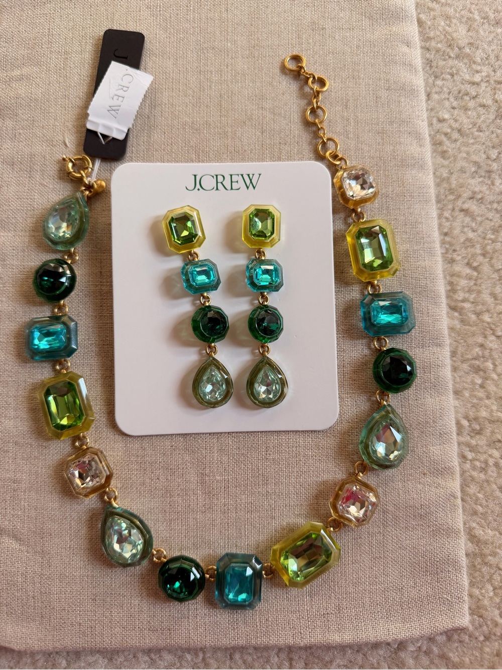 J. Crew Green Teal Multi-Gem Statement Necklace with Matching Drop Earrings